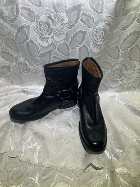 Frye Black Leather Harness Ankle Boots